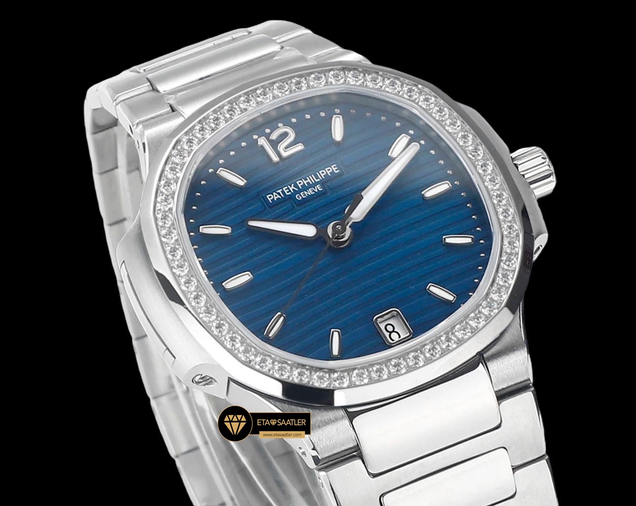 Patek Philippe 7118 Nautilus 35mm Mavi Kadran Full Taş Bezel ETA (5) Patek Philippe 7118 Nautilus 35mm Mavi Kadran Full Taş Bezel ETA