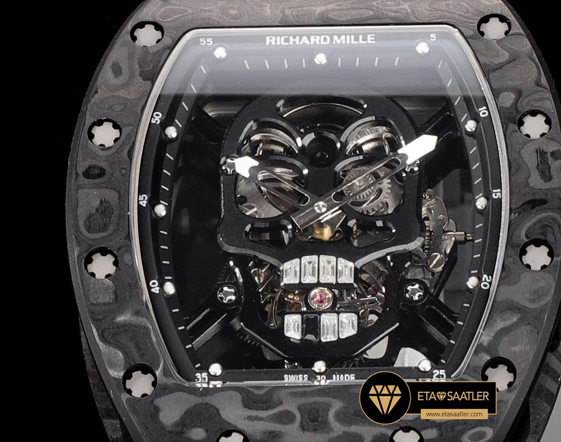 Richard Mille RM052 Taşlı Kafatası Kadran Siyah Carbon Çerçeve YSF Tourbillon V2 ETA