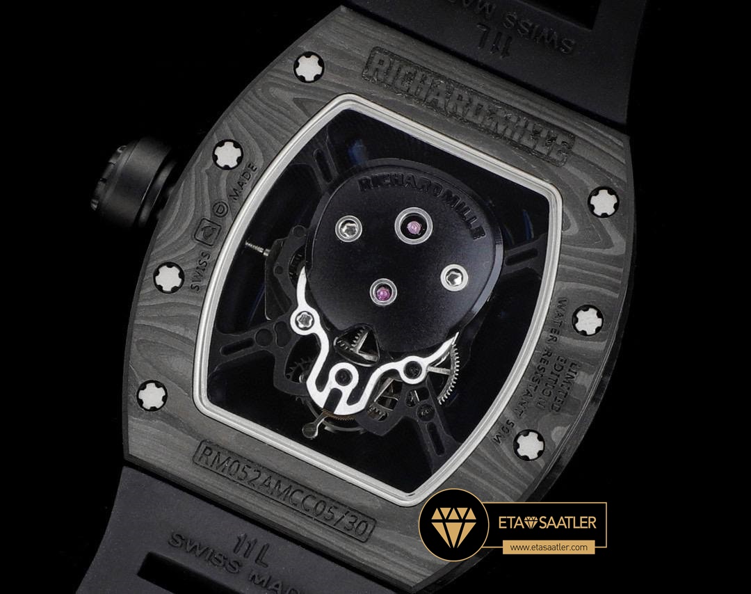 Richard Mille RM052 Taşlı Kafatası Kadran Siyah Carbon Çerçeve YSF Tourbillon V2 ETA