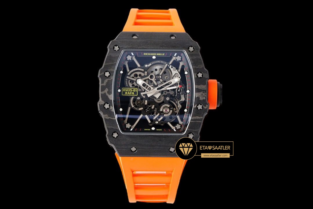 Richard Mille RM35-01 İskelet Kadran NTPT Carbon Kasa Turuncu Kauçuk Kordon SONIC V2 ETA