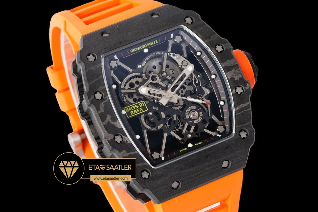 Richard Mille RM35-01 İskelet Kadran NTPT Carbon Kasa Turuncu Kauçuk Kordon SONIC V2 ETA