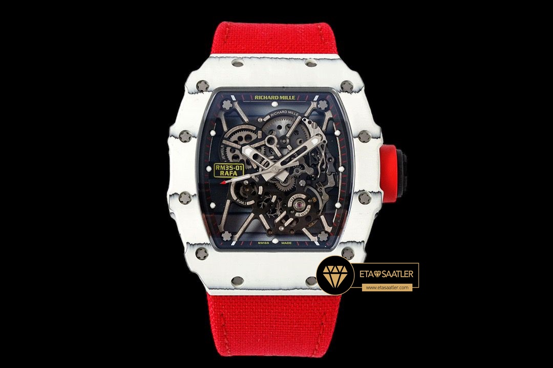 Richard Mille RM35-01 NTPT Beyaz Carbon Kasa Kırmızı Örme Deri Kordon SONIC V2 ETA