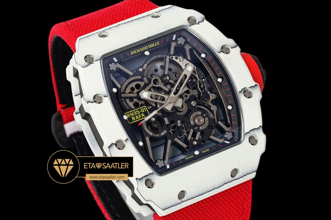 Richard Mille RM35-01 NTPT Beyaz Carbon Kasa Kırmızı Örme Deri Kordon SONIC V2 ETA