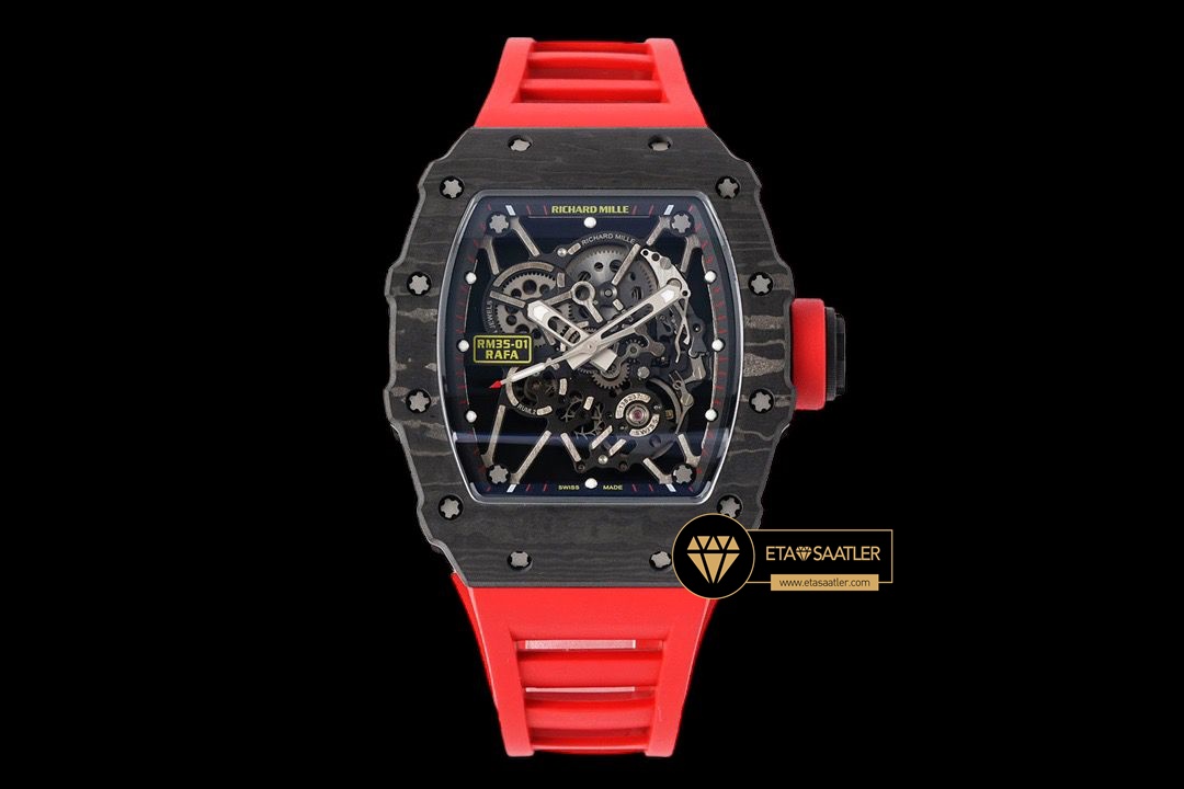 Richard Mille RM35-01 NTPT Carbon Kasa İskelet Kadran Kırmızı Kauçuk Kordon SONIC V2 ETA