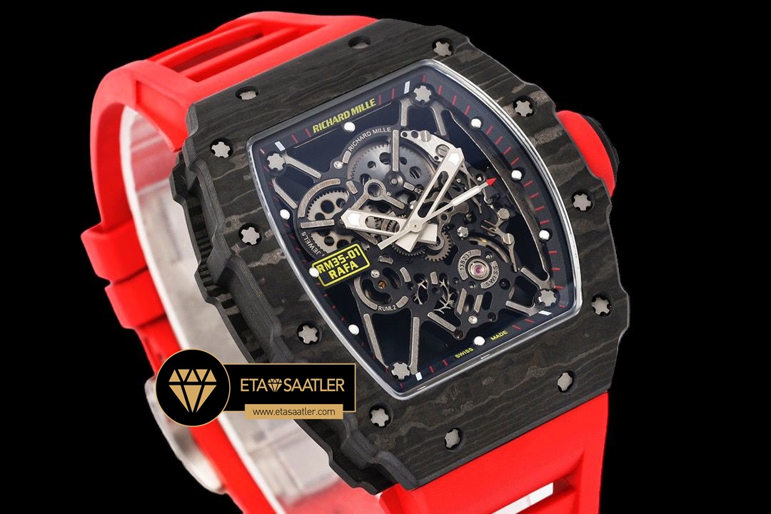 Richard Mille RM35-01 NTPT Carbon Kasa İskelet Kadran Kırmızı Kauçuk Kordon SONIC V2 ETA