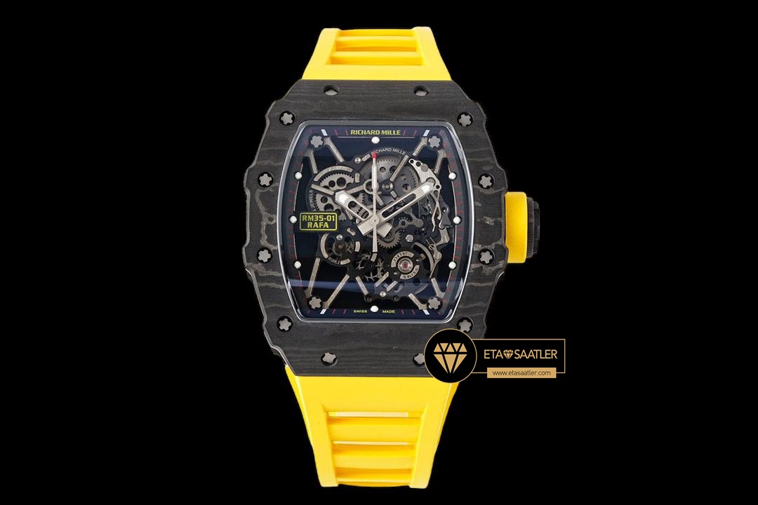 Richard Mille RM35-01 NTPT Carbon Kasa İskelet Kadran Sarı Kauçuk Kordon SONIC V2 ETA