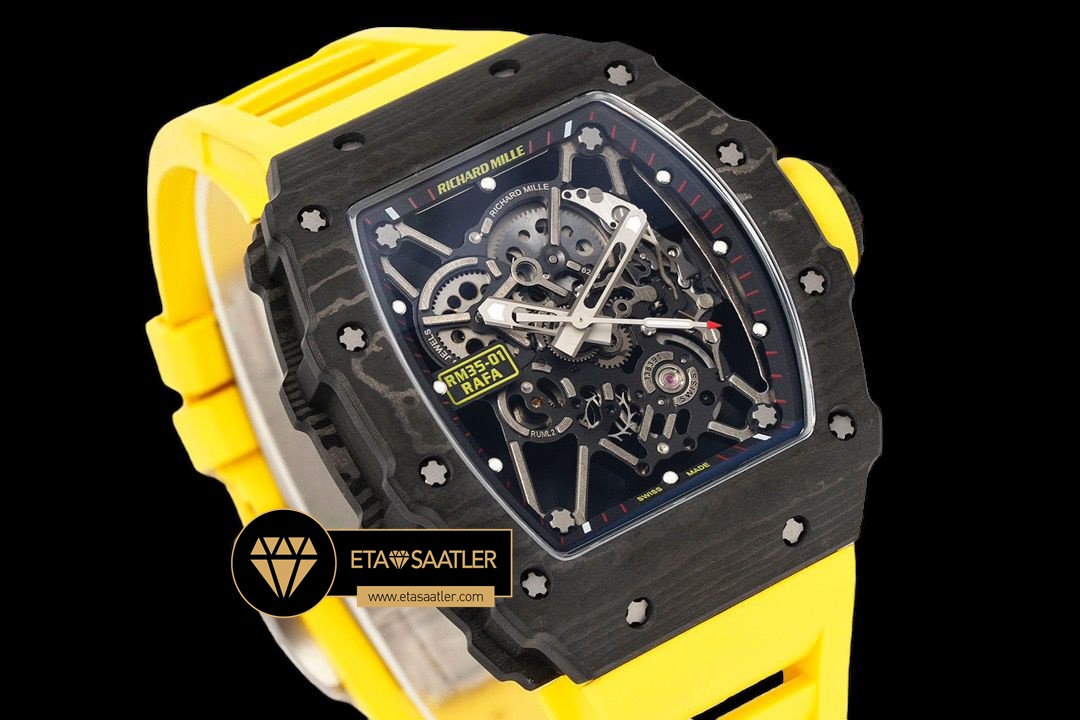 Richard Mille RM35-01 NTPT Carbon Kasa İskelet Kadran Sarı Kauçuk Kordon SONIC V2 ETA