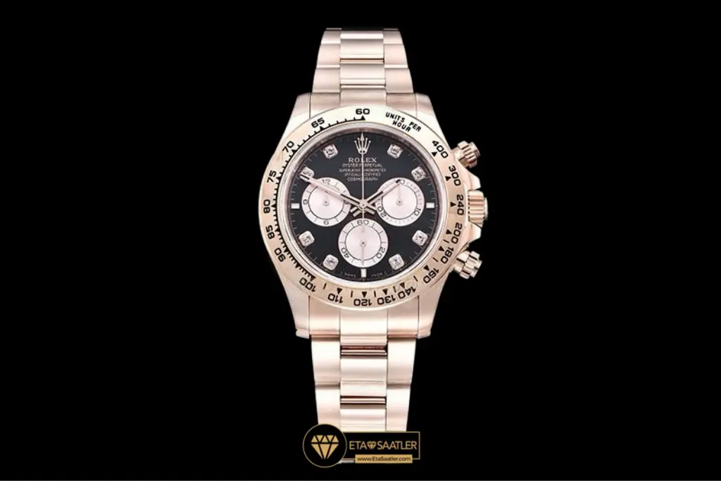 Rolex Daytona Cosmograph Everose Gold 126505 Parlak Siyah Sundust Diamond Kadran Super Clone Eta