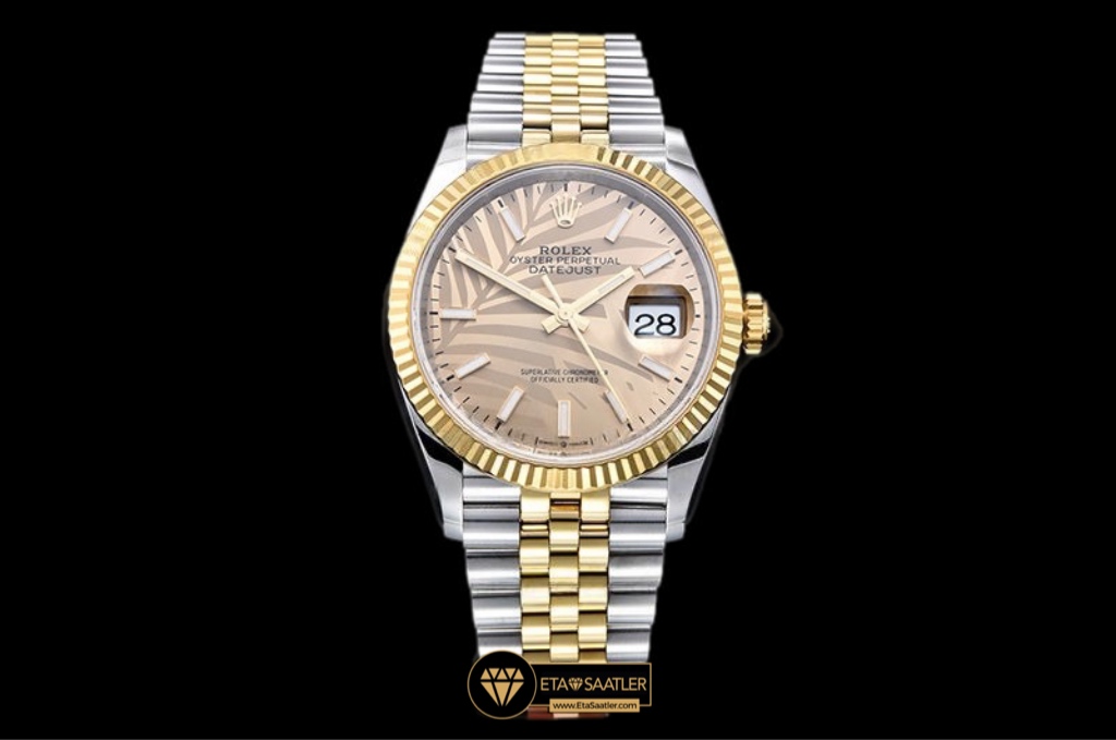 Rolex Datejust 126233 Çelik Altın Fluted Bezel Palm Şampanya Kadran 36mm Super Clone ETA
