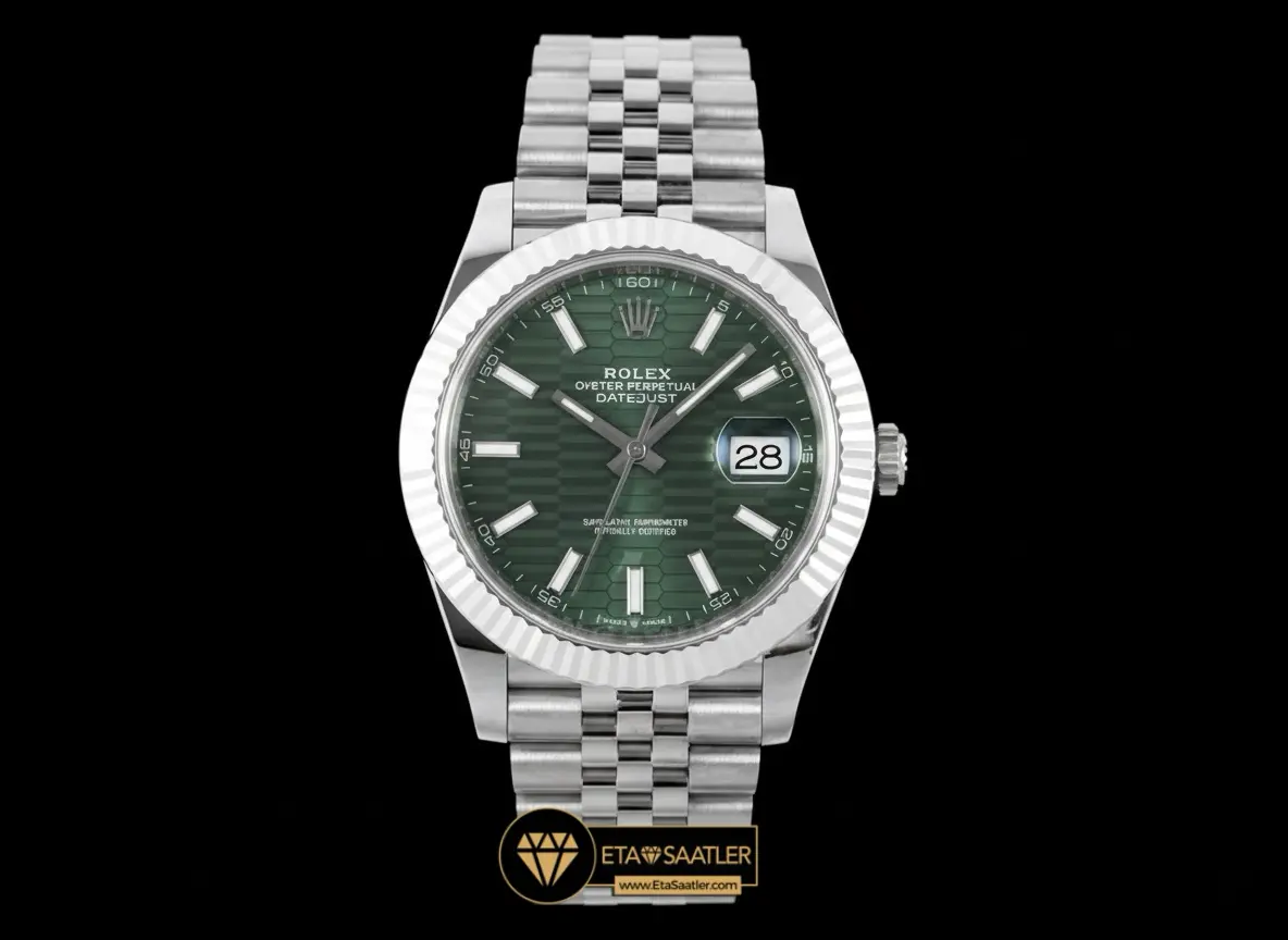 Rolex Datejust 126334 Motifli Yeşil Kadran Tırtıklı Bezel Jubile Kordon 41mm Super Clone ETA