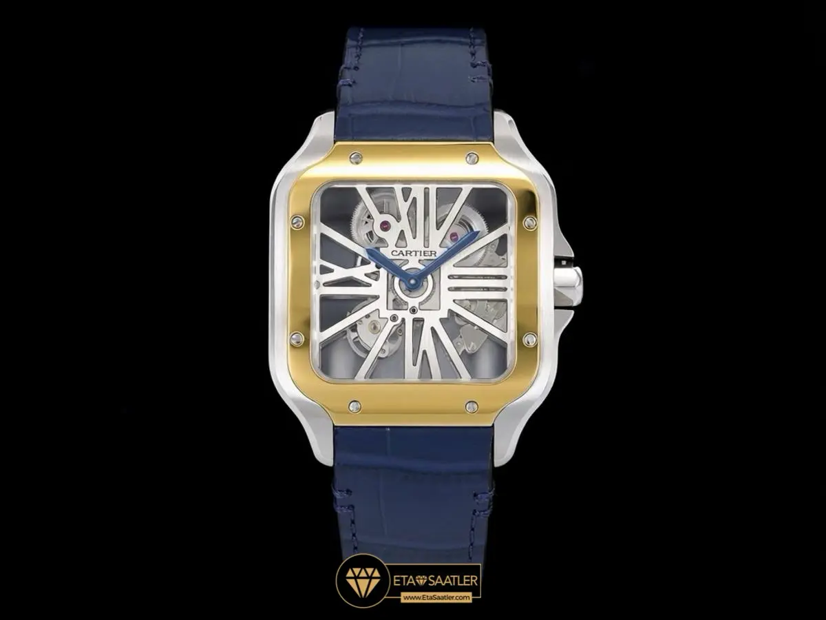 Cartier Santos De Cartier Skeleton Silver Gold Deri Kayış Super Clone ETA