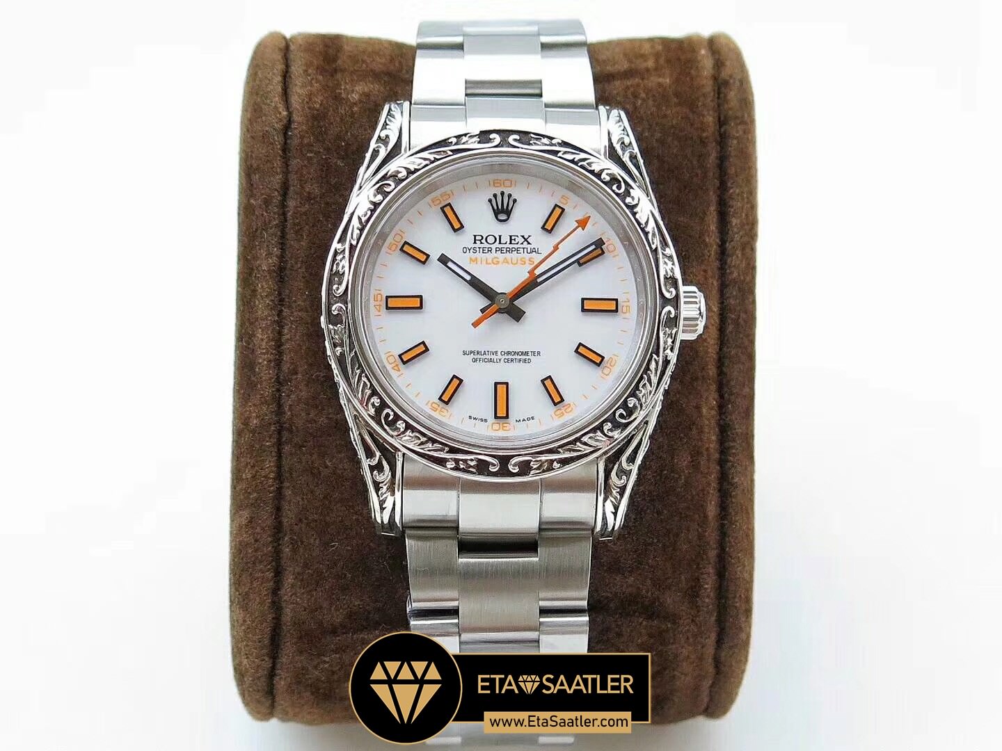 Rolex Milgauss 116400GV Gravur lemeli Celik Kasa Beyaz Kadran 1 1 Clone ETA